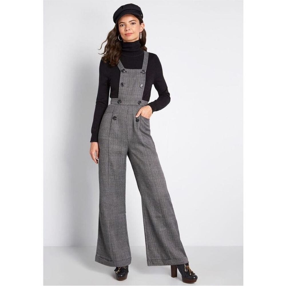 Collectif Vintage Houndstooth Sleeveless Wide Leg Overall Gray Women's Size‎ XS